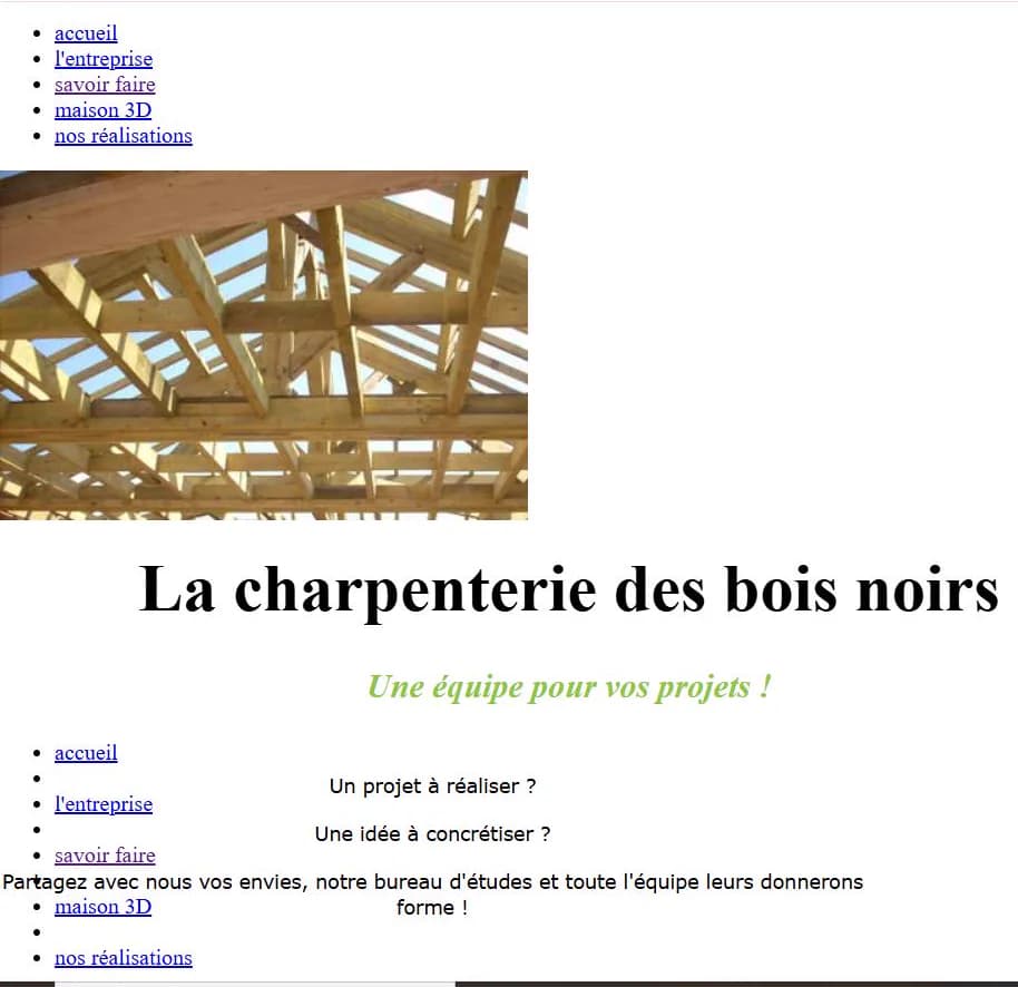Ancien site de La Charpenterie des Bois Noirs, qui ne s'affichait plus correctement : menus en double, aucune mise en page