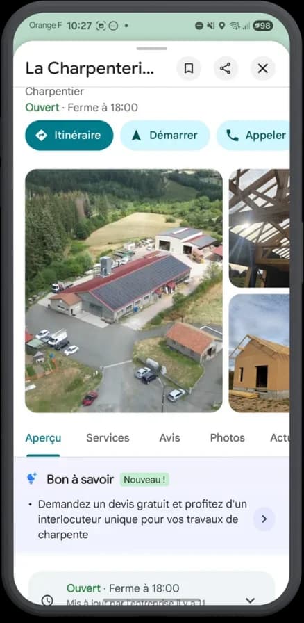 Fiche Google de La Charpenterie des Bois Noirs : aperçu avec photo aérienne de l'atelier et encart « interlocuteur unique »