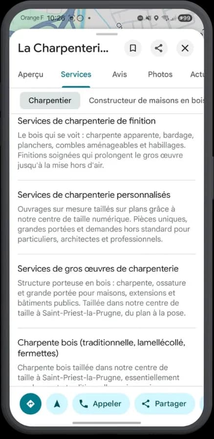 Fiche Google de La Charpenterie des Bois Noirs : services de charpenterie rédigés par Aurea Agency