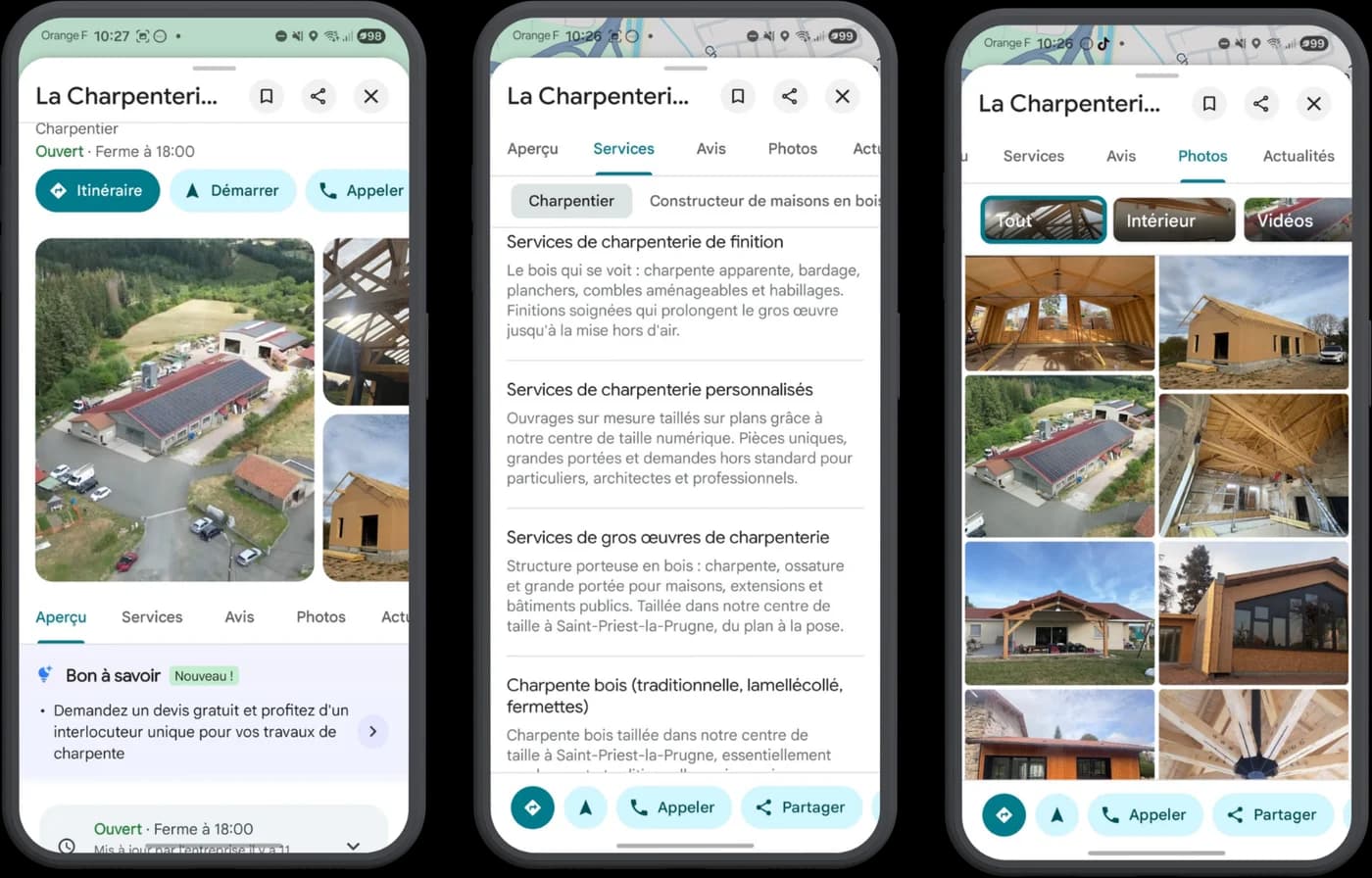 Fiche Google de La Charpenterie des Bois Noirs optimisée par Aurea Agency : aperçu, services rédigés et photos de chantiers