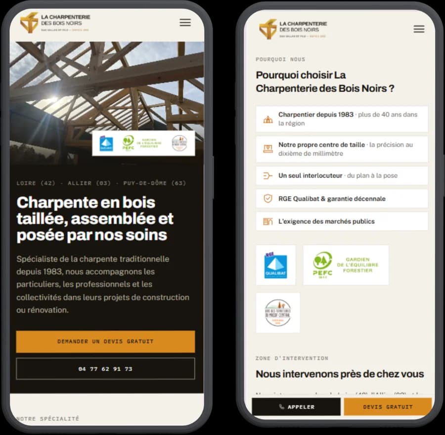 Site La Charpenterie des Bois Noirs sur smartphone : accueil et section Pourquoi choisir la Charpenterie des Bois Noirs, avec boutons appeler et devis