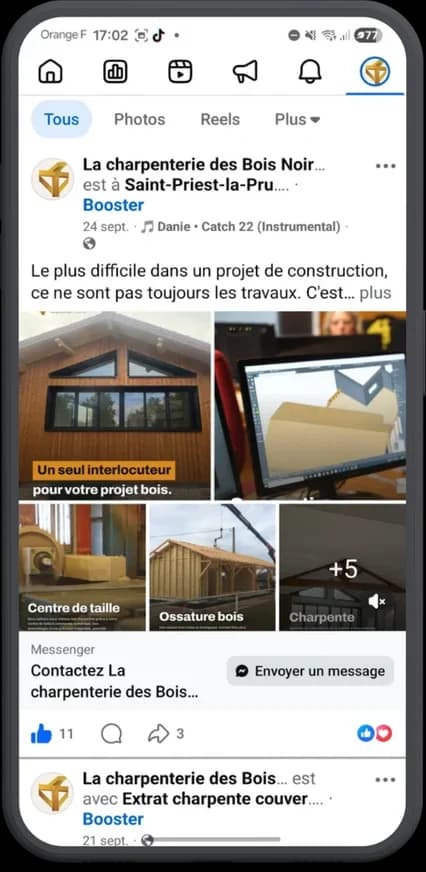 Publication Facebook de La Charpenterie des Bois Noirs : un seul interlocuteur pour votre projet bois