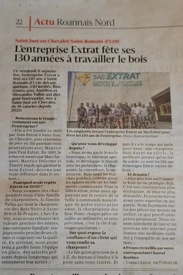 Article de La Tribune - Le Progrès sur les 130 ans de l'entreprise Extrat, interview des dirigeants rédigée par Aurea Agency