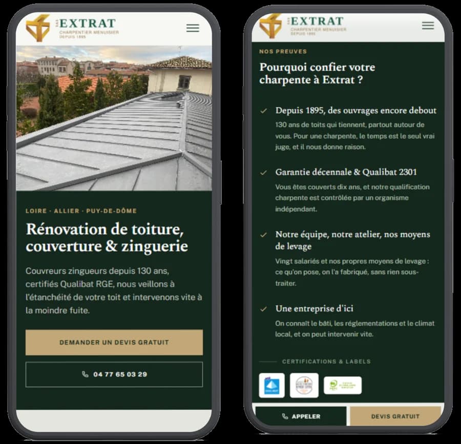 Site extrat.fr sur smartphone : page rénovation de toiture et arguments de confiance, avec boutons appeler et devis