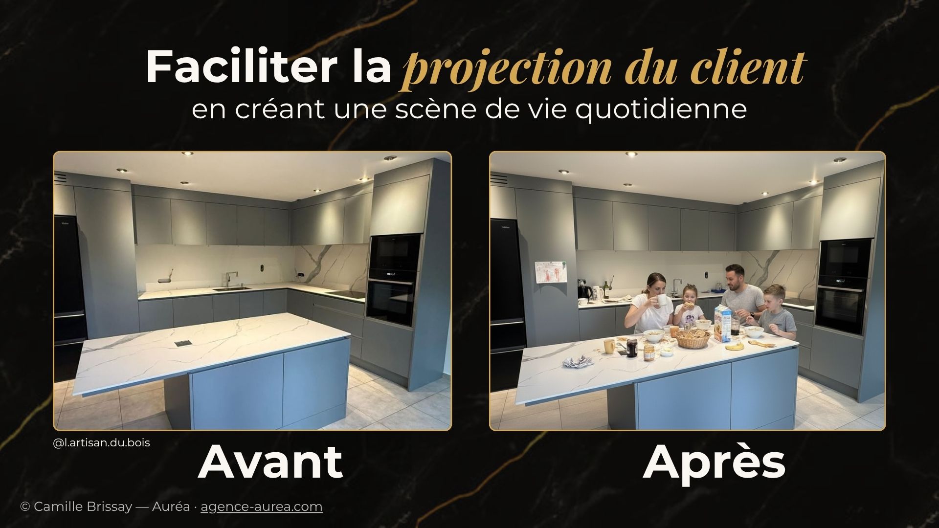 Avant / après IA : une réalisation d'artisan replacée dans une scène de vie pour ajouter une couche émotionnelle (Auréa)