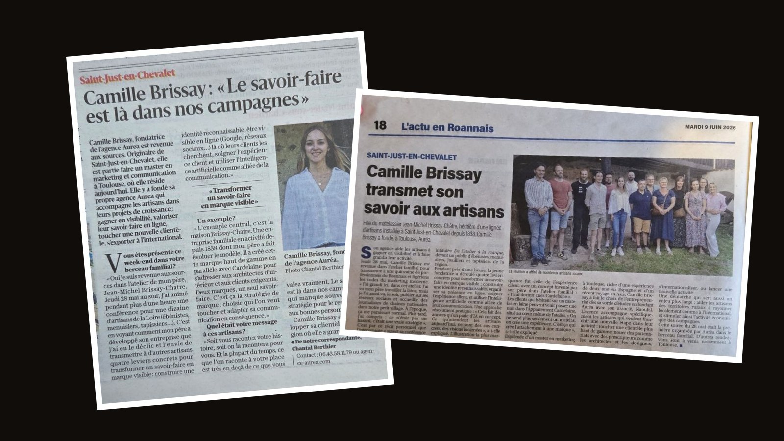 Deux articles de presse locale (Le Progrès et Le Pays Roannais) consacrés à Camille Brissay et à l'agence Auréa